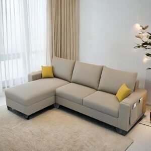 Casaliving Porto LHS 4 Seater L Shape Sofa Set for Living Room (Cream Colour Fabric) Premium Velvet Fabric Sofa