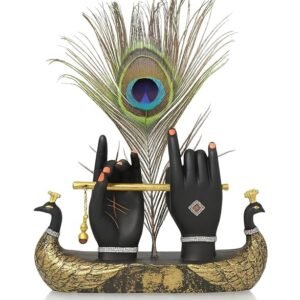 Mariner's Creation Decorative Krishna Hand Showpiece with Metal Flute and Peacock Feather for Home Decor Living Room and Pooja Room and Gift, Black and Gold Base, 23x6x15 cm, Religious Home Decor